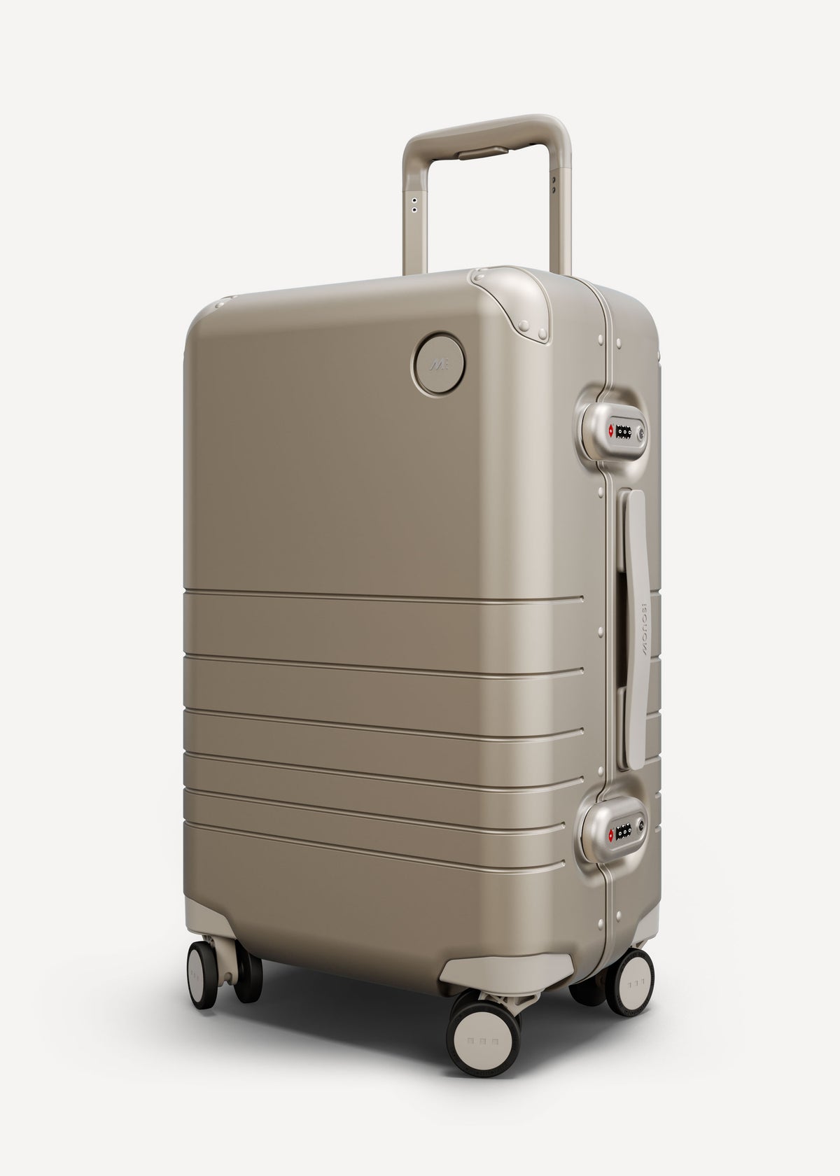 A Hybrid carry-on suitcase in champagne standing upright featuring durable wheels and two TSA-accepted locks.