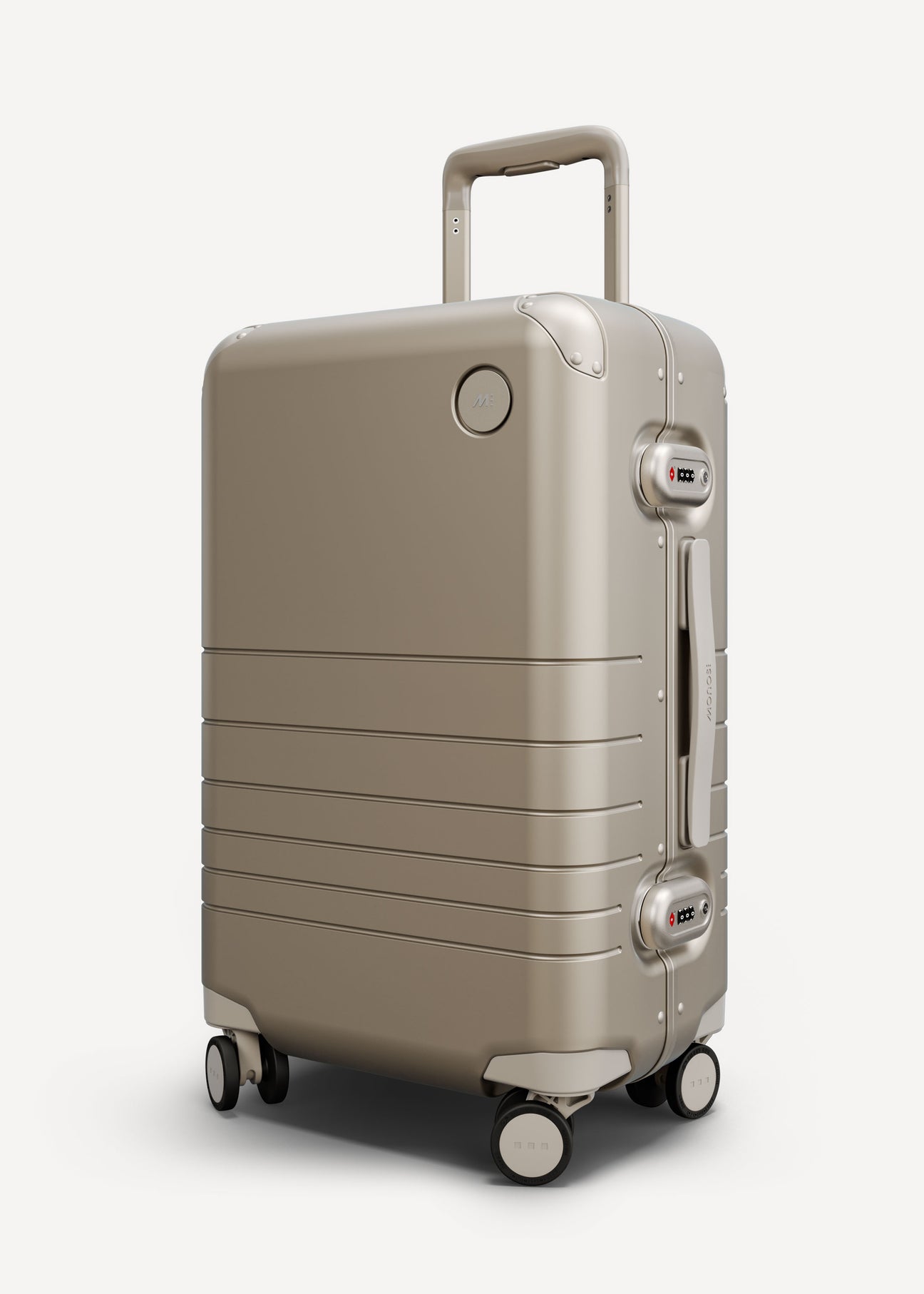 A Hybrid carry-on suitcase in champagne standing upright featuring durable wheels and two TSA-accepted locks.