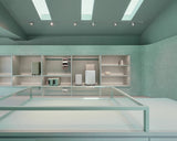Modern interior with glass display case and shelves against a light green wall.