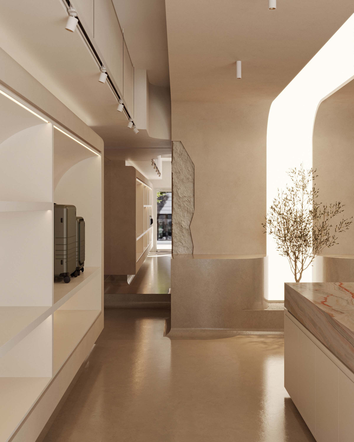 A softly lit, minimalist showroom with smooth, beige-toned walls. On the left, white shelves display a carry-on pro and check-in medium luggage, while the right side features a small tree planted in a recessed alcove, illuminated by natural light.