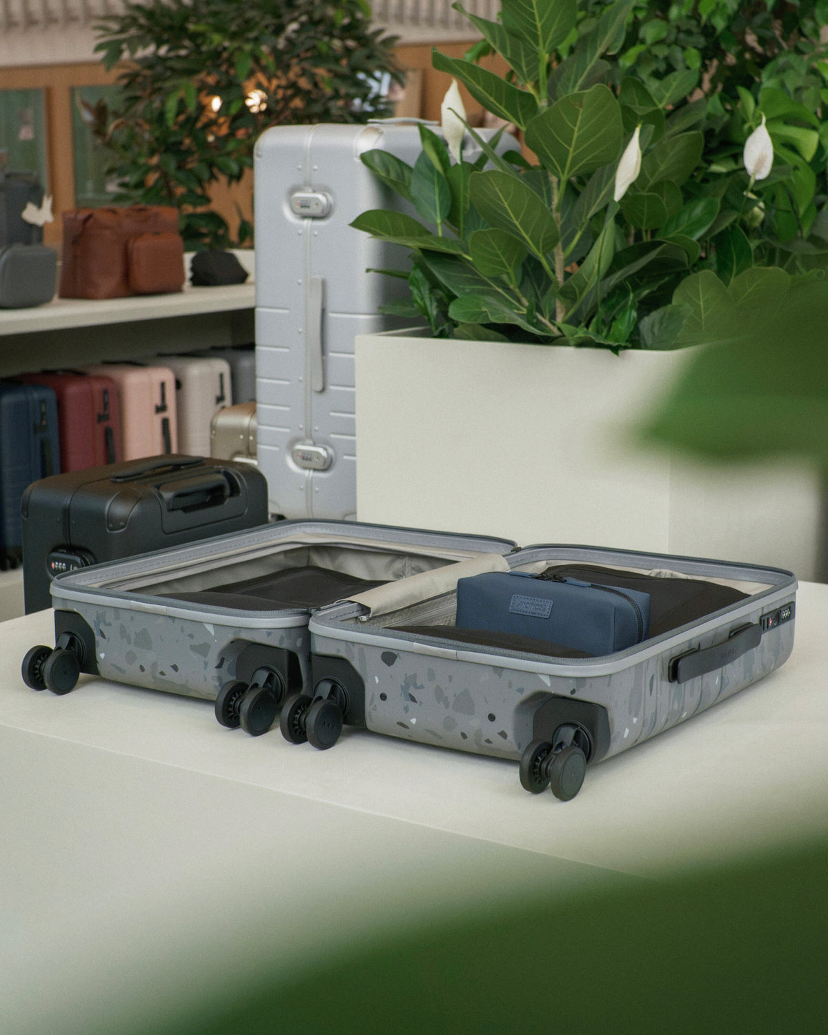 A Carry-On in Terrazzo Graphite is shown open on a white table, alongside a closed matching suitcase and other luggage pieces in a styled indoor setting with plants.
