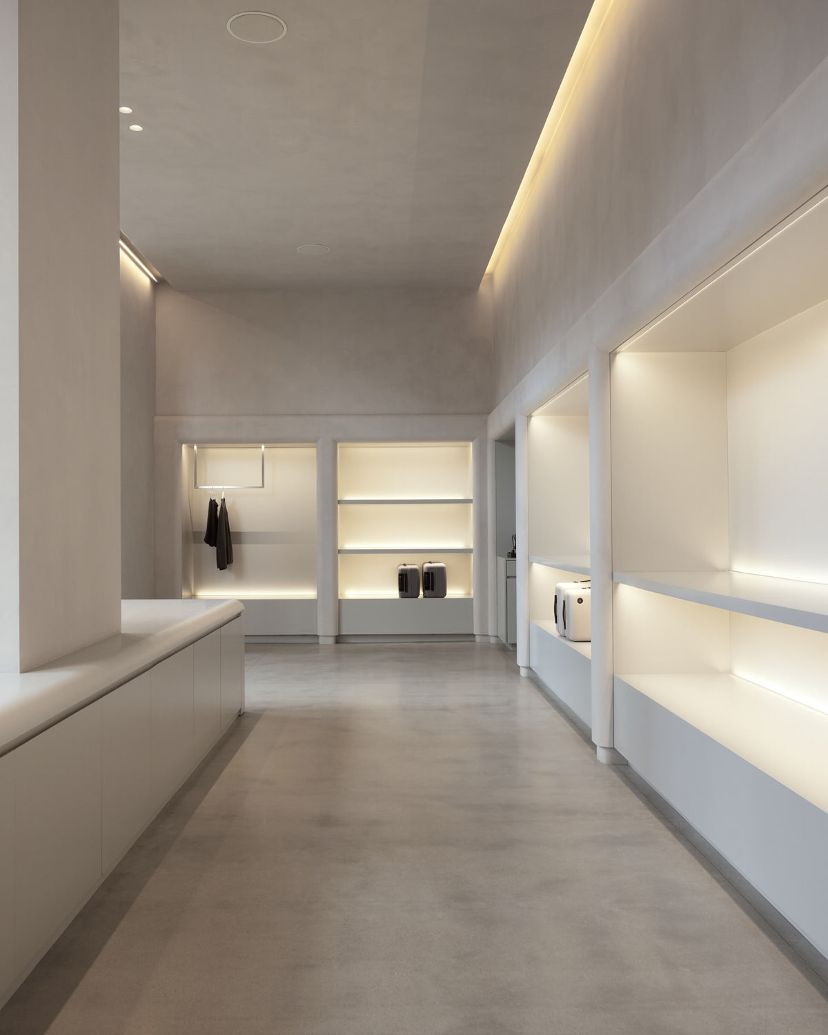Modern interior with light-colored walls and ceiling, featuring built-in shelves and a coat rack.